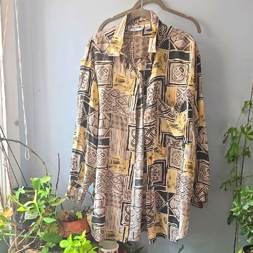 100% Silk Vintage Oversize Button Down Print Shirt Jane Ashley Lagenlook 1x